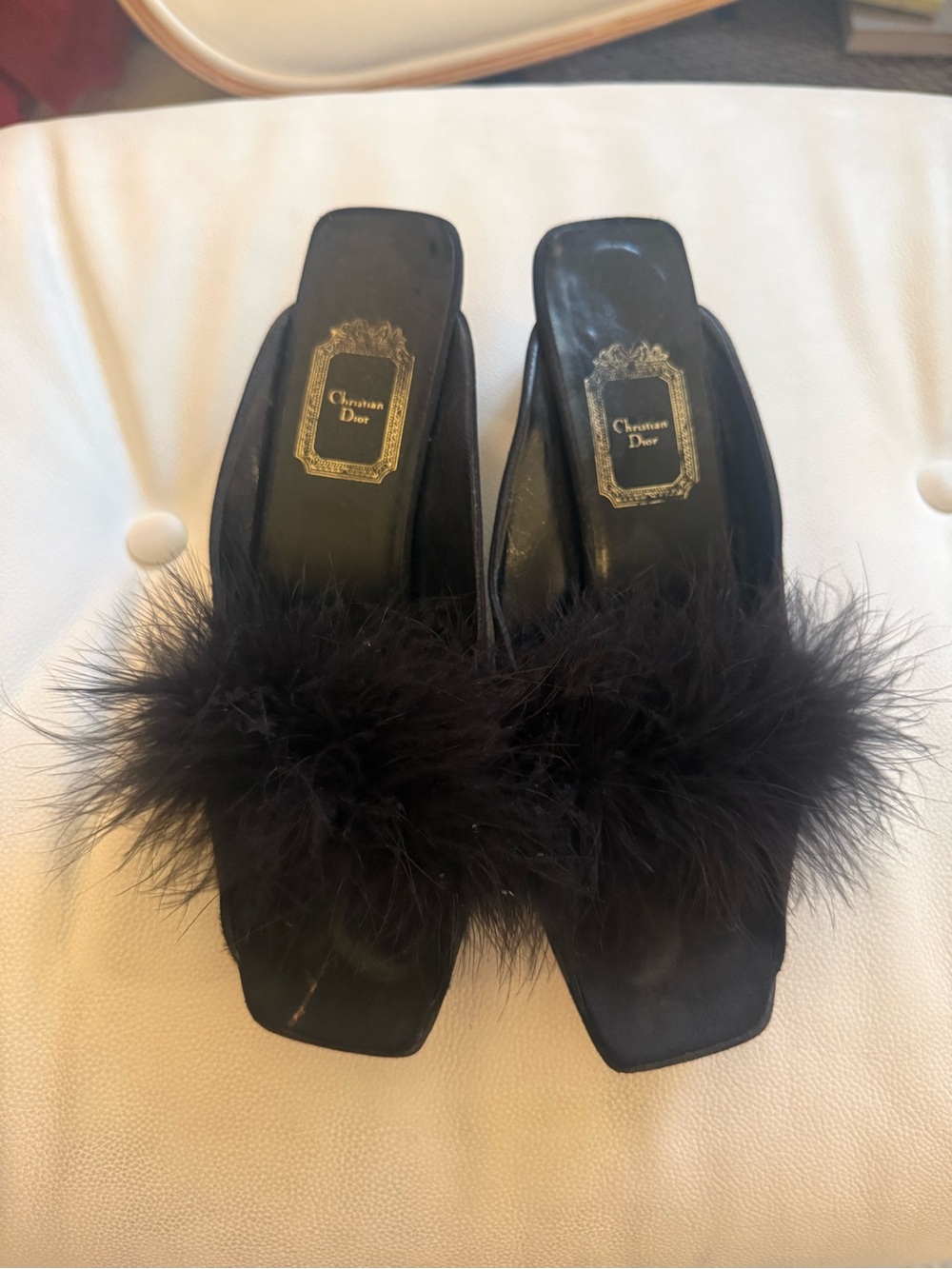Dior Black Feather Trim Satin Slide Mule Heel Sandals